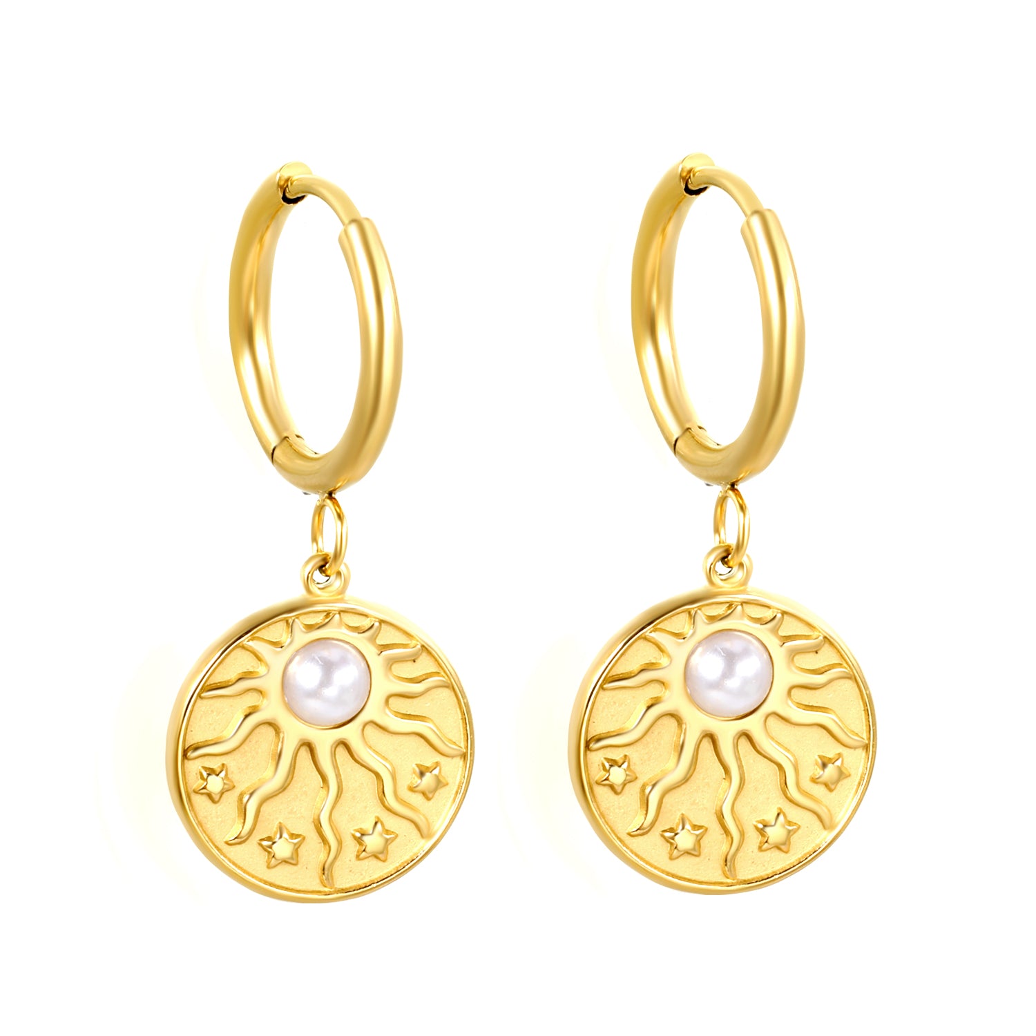 Aretes Circulares con Perla y 4 Estrellas